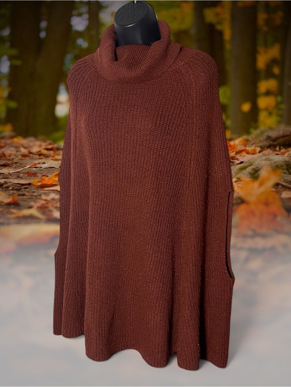 KIRUNDO Brick Red Chunky Ribbed Knit Turtleneck Poncho Sweater
